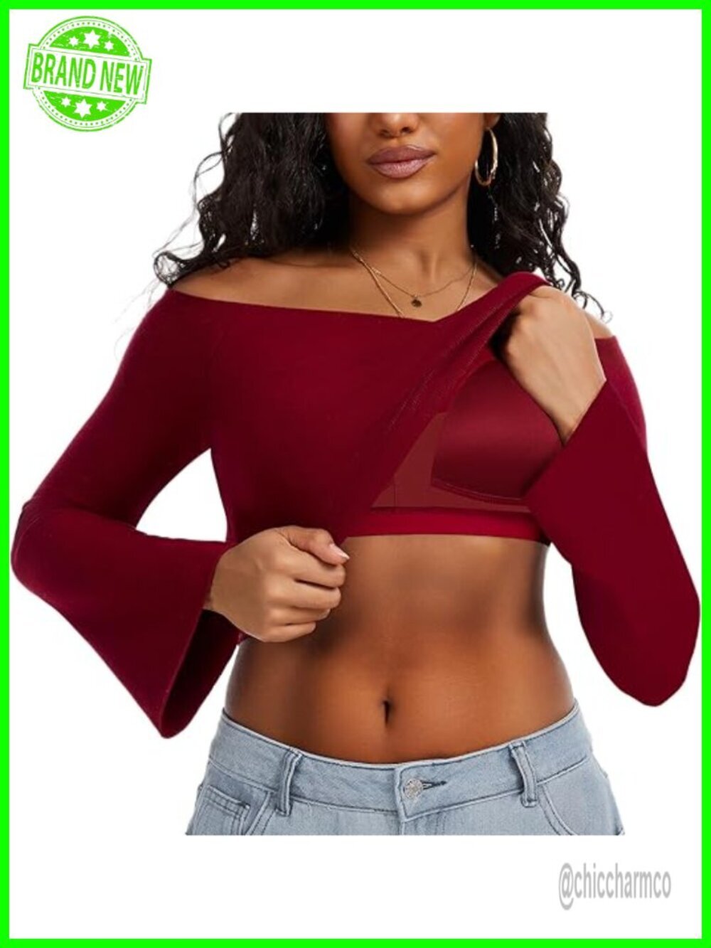 Off Shoulder Crop Top with Built In Shelf Bra and Bell Sleeves